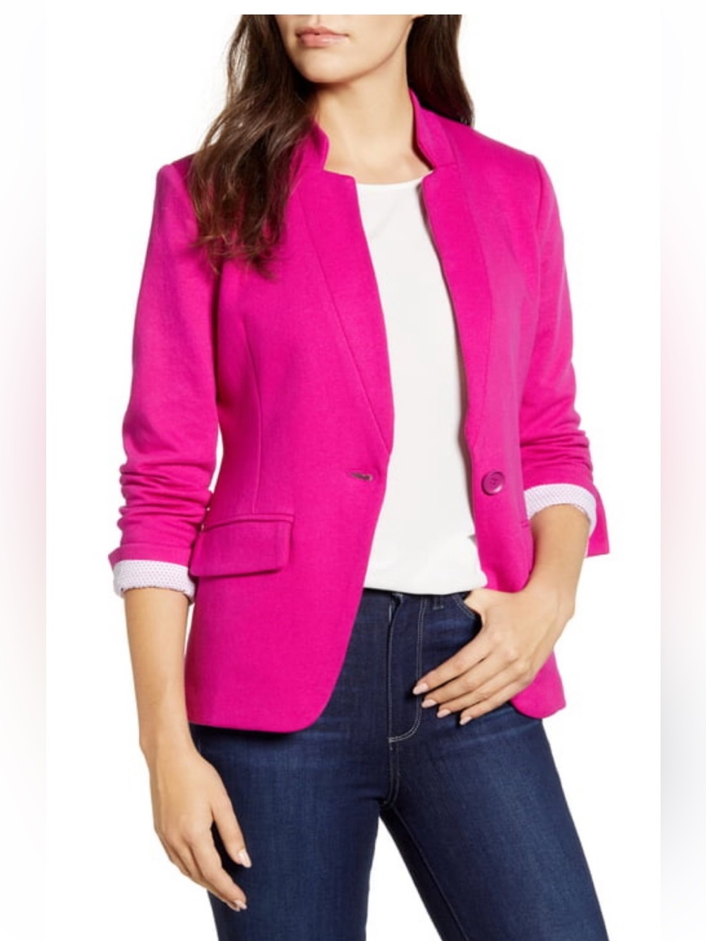 NWT Gibson notched collar cotton blend blazer in vibrant pink